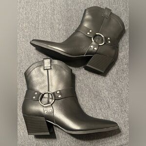 Open Edit Enzo Western Ankle Boots w Buckle Detail, Black, Sz 8